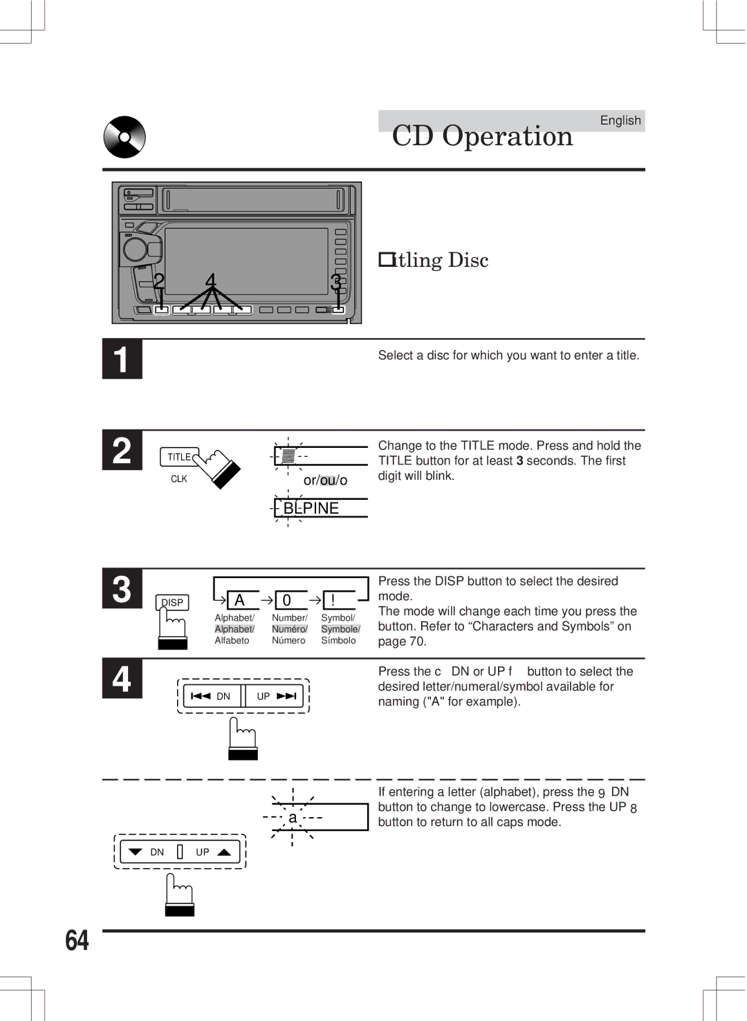 Alpine MDA-W890 owner manual Titling Disc 