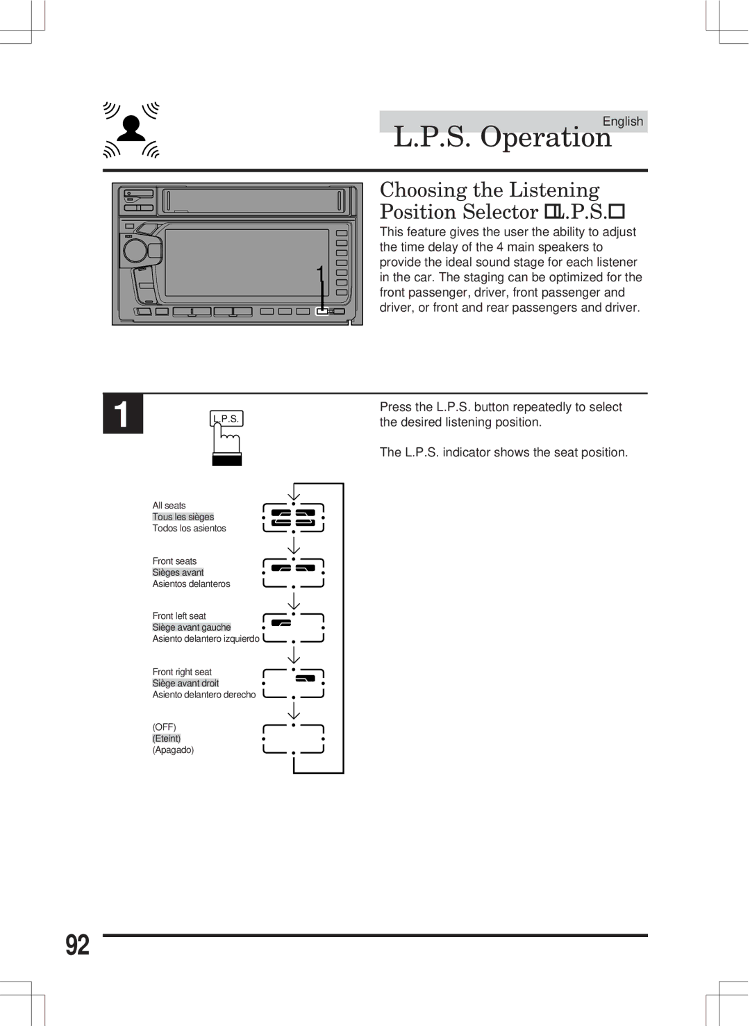 Alpine MDA-W890 owner manual S. Operation, Choosing the Listening Position Selector L.P.S 