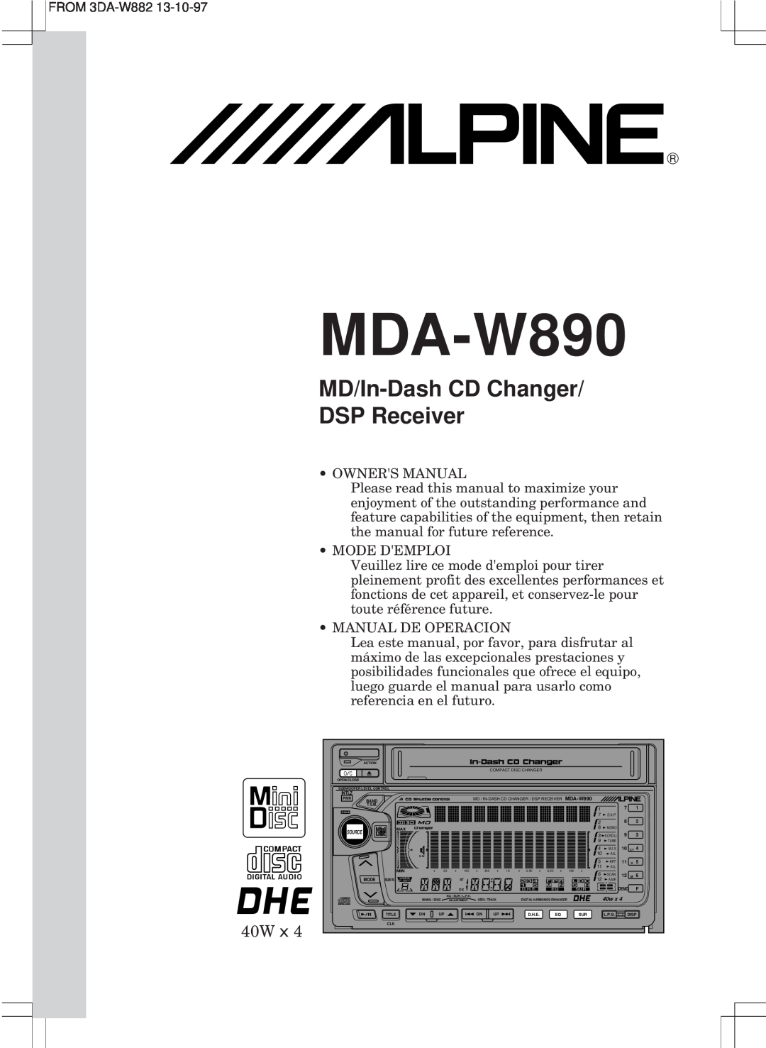 Alpine MDA-W890 owner manual MD/In-Dash CD Changer DSP Receiver, 40W x 