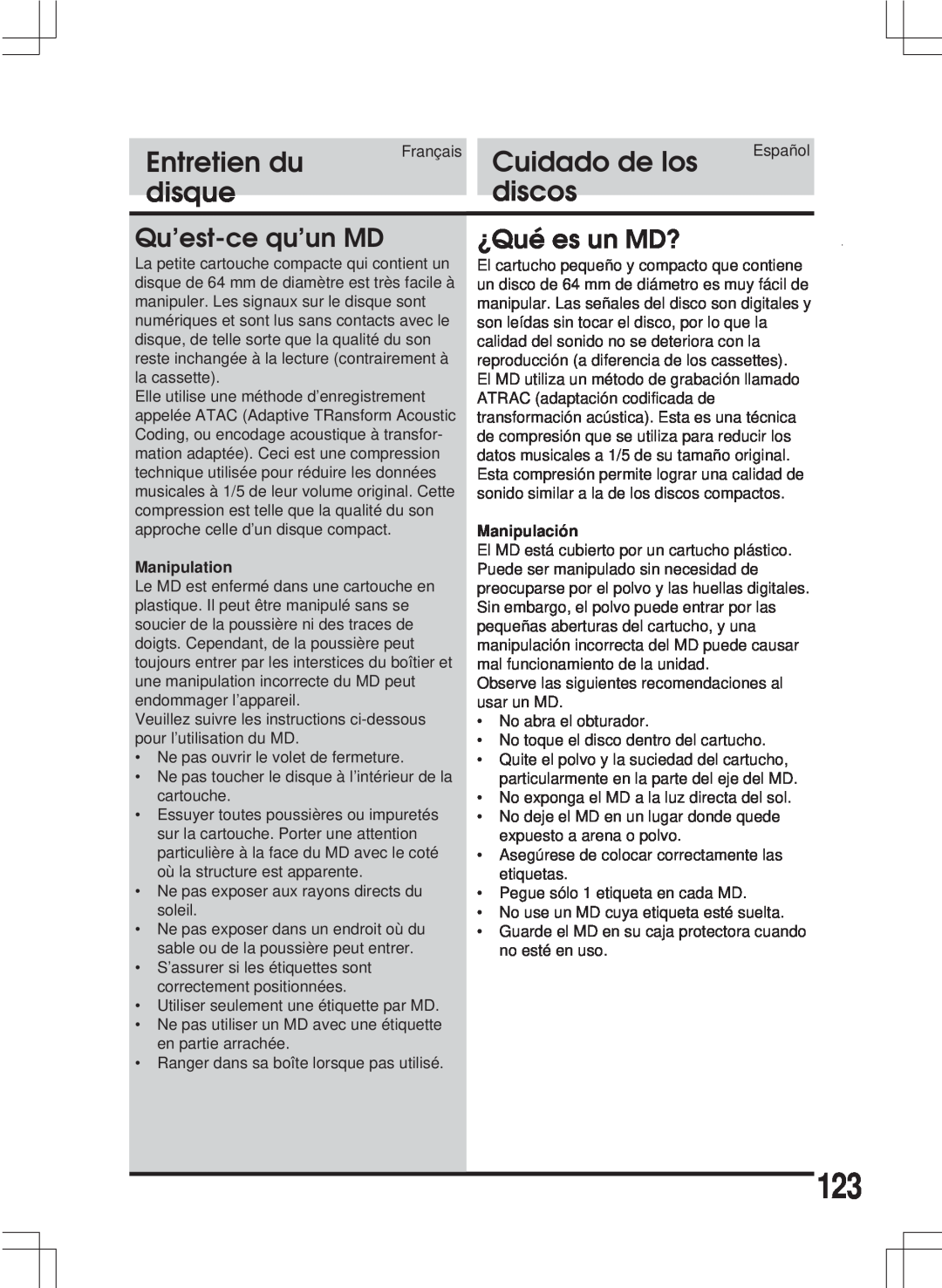 Alpine MDA-W890 owner manual Qu’est-ce qu’un MD, ¿Qué es un MD?, Entretien du, Cuidado de los, disque, discos 