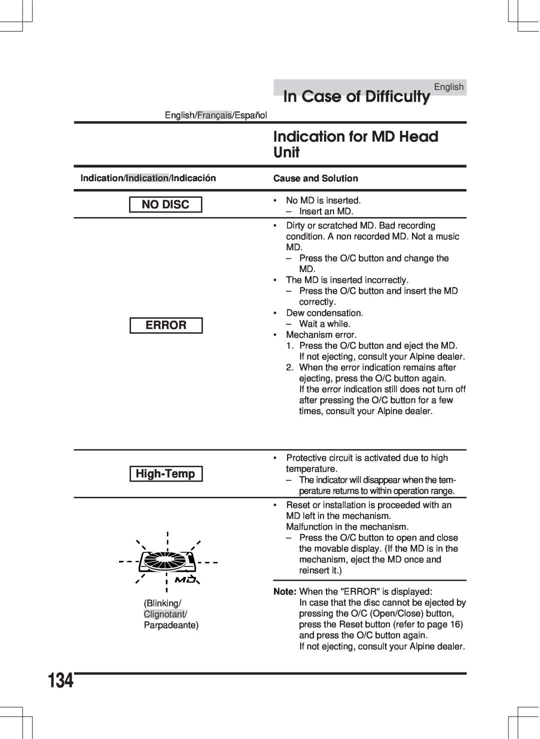Alpine MDA-W890 owner manual Indication for MD Head Unit, In Case of Difficulty, No Disc Error, High-Temp 