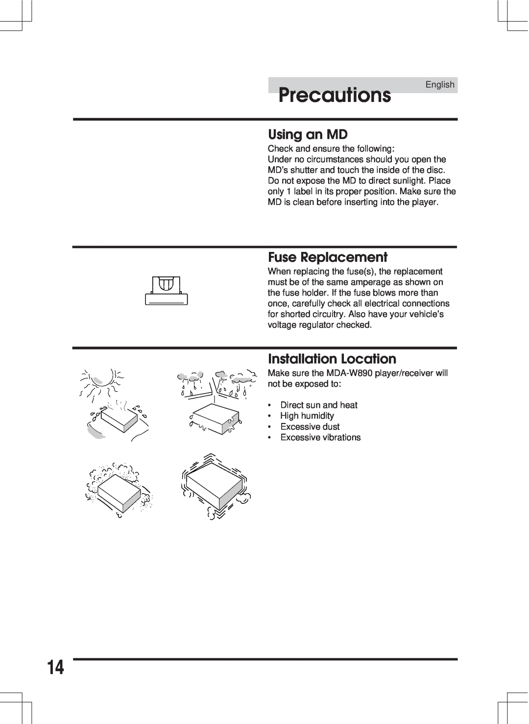 Alpine MDA-W890 owner manual Precautions, Using an MD, Fuse Replacement, Installation Location 