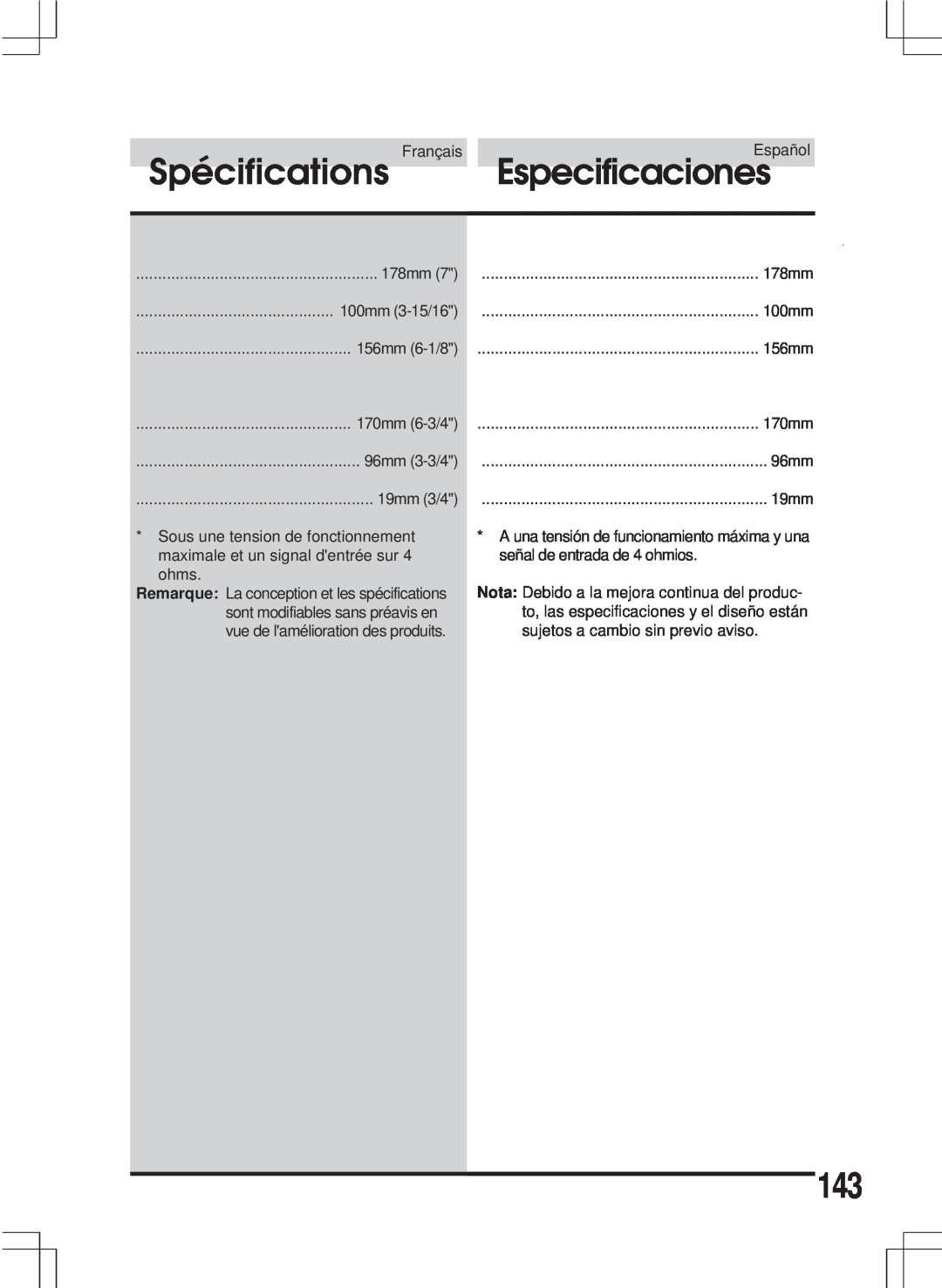 Alpine MDA-W890 owner manual Spécifications, Especificaciones 
