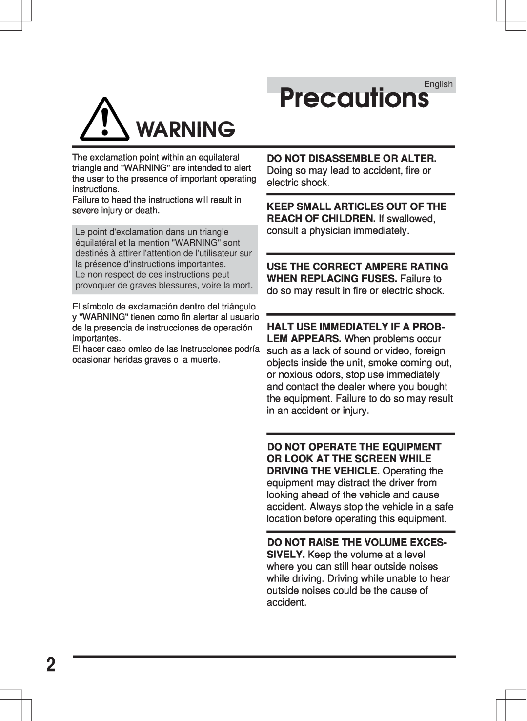 Alpine MDA-W890 owner manual Precautions, WARNING Warning 