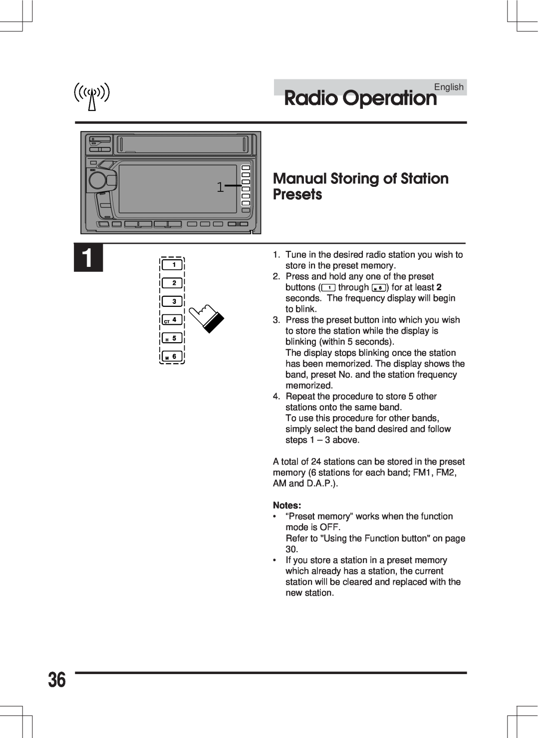 Alpine MDA-W890 owner manual Radio Operation English, Manual Storing of Station, Presets 