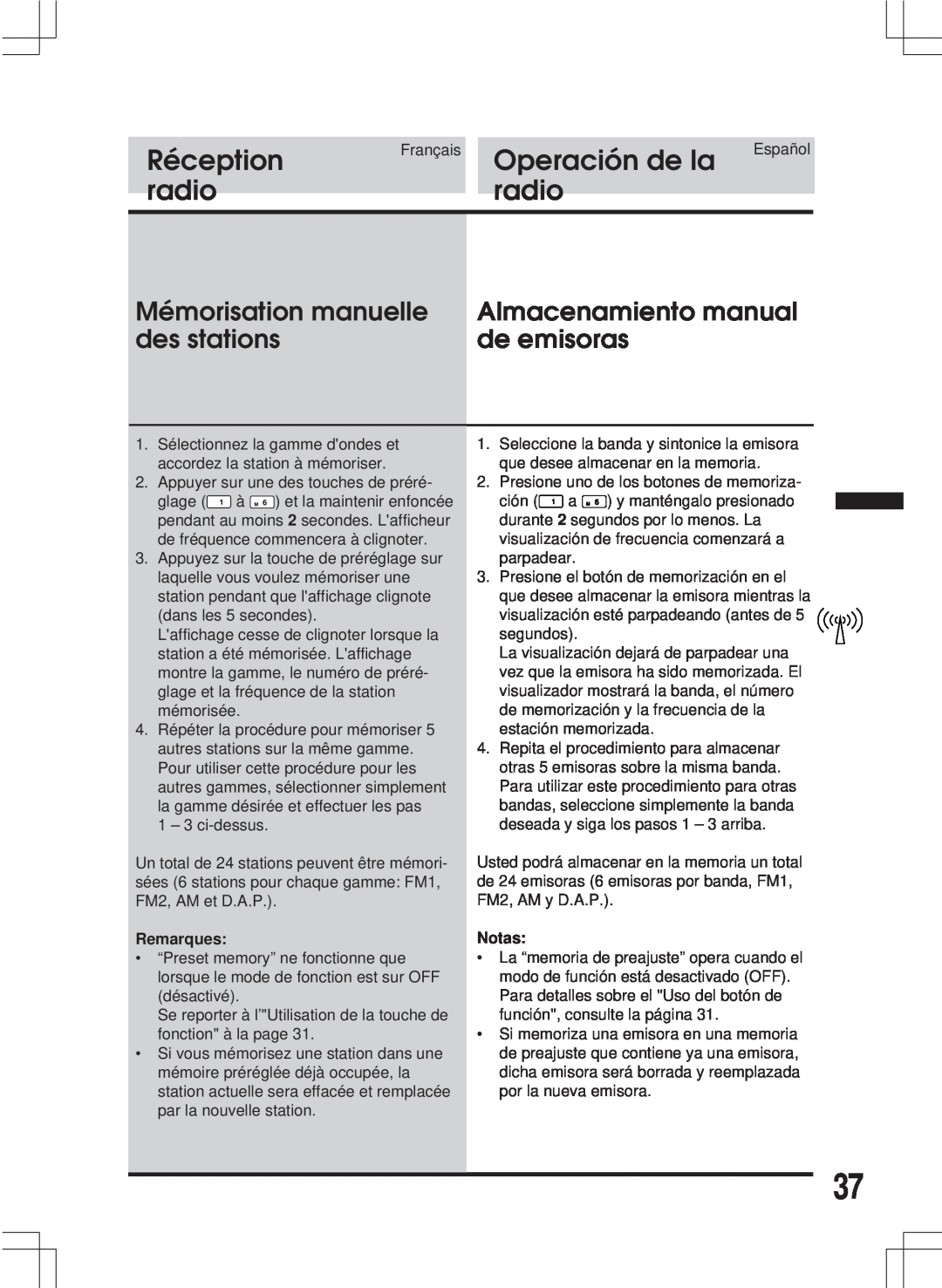 Alpine MDA-W890 Mémorisation manuelle, Almacenamiento manual, des stations, de emisoras, Réception, Operación de la, radio 