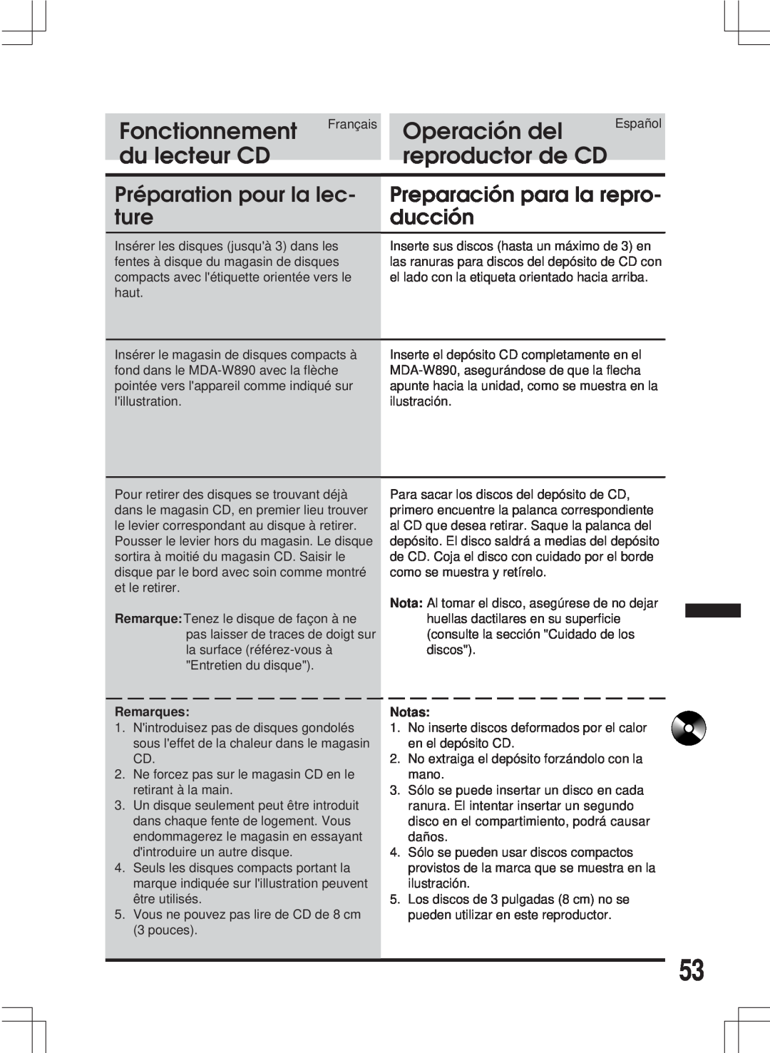 Alpine MDA-W890 Fonctionnement Français, Operación del, du lecteur CD, reproductor de CD, Préparation pour la lec, ture 