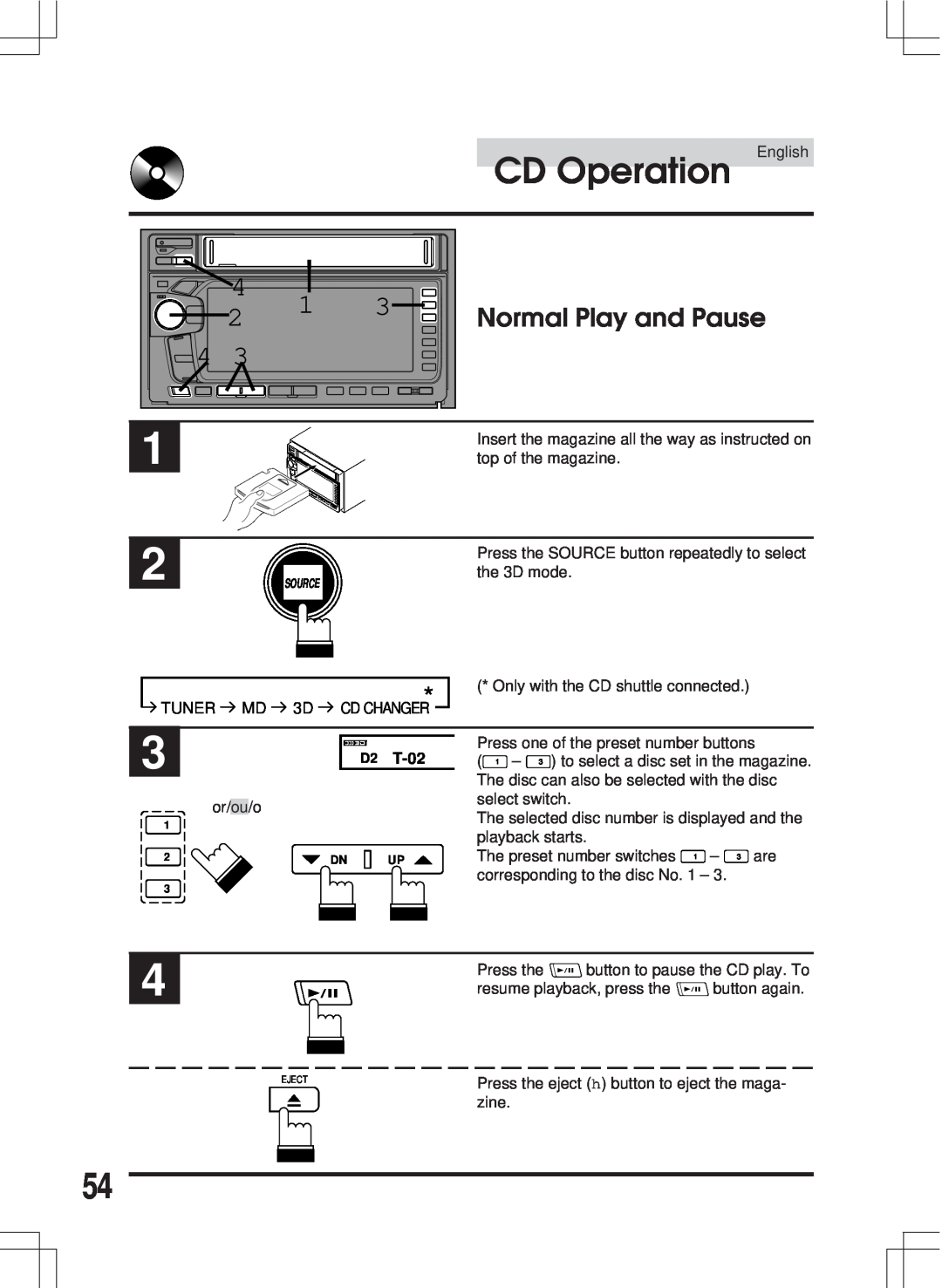 Alpine MDA-W890 owner manual Normal Play and Pause, CD Operation English, D2 T-02 