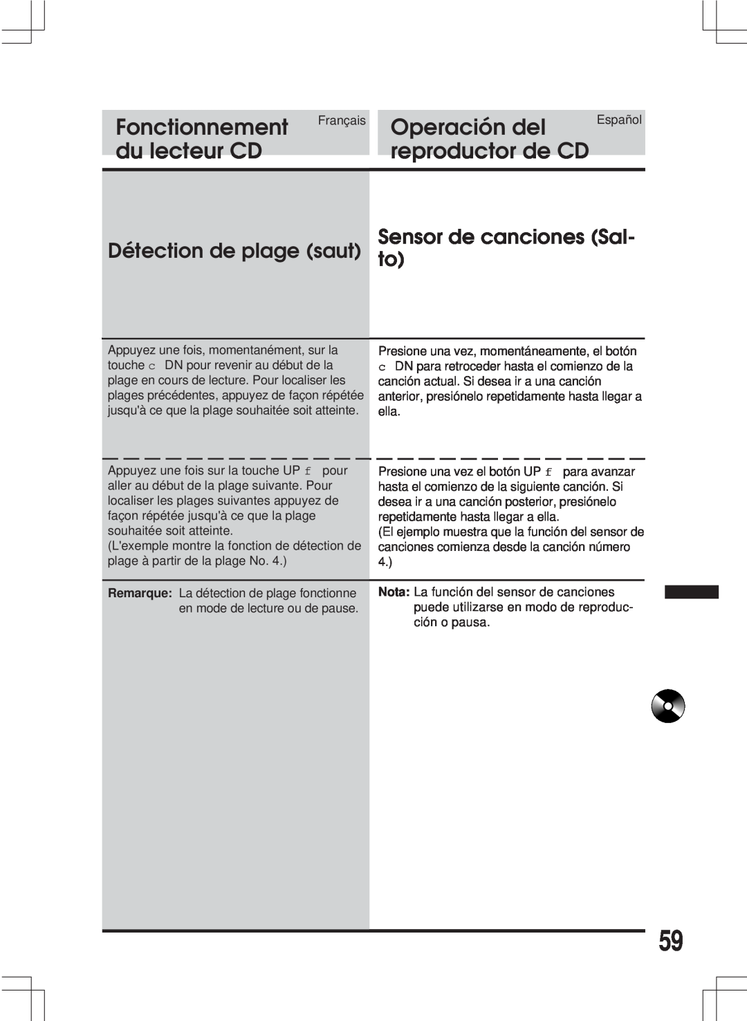 Alpine MDA-W890 Sensor de canciones Sal Détection de plage saut to, Fonctionnement, Operación del, du lecteur CD 