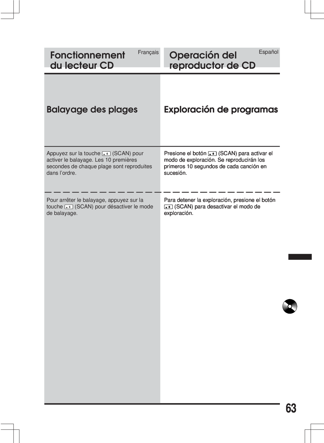 Alpine MDA-W890 owner manual Balayage des plages, Exploración de programas, Fonctionnement, Operación del, du lecteur CD 