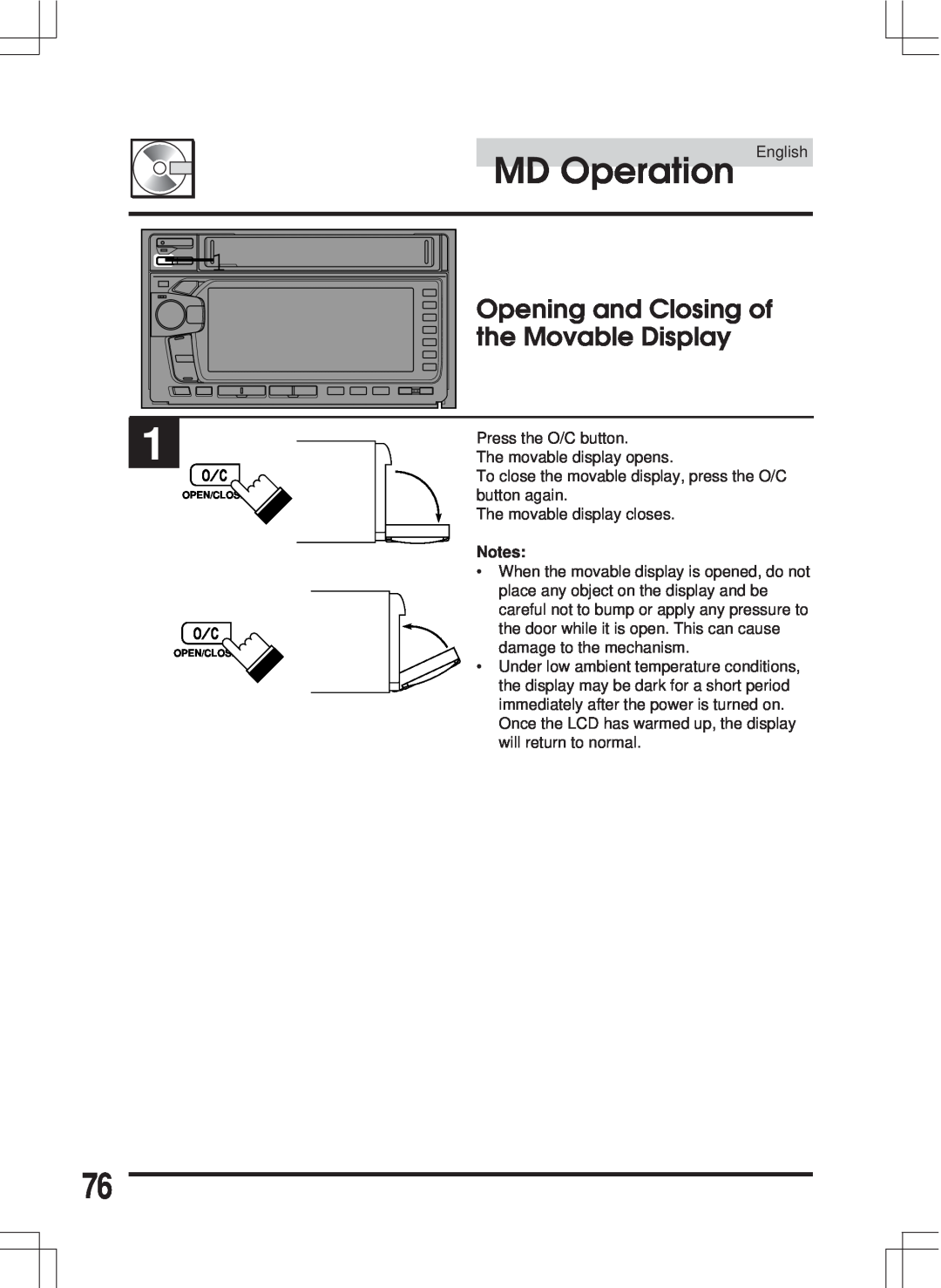 Alpine MDA-W890 owner manual MD Operation English, Opening and Closing of, the Movable Display 