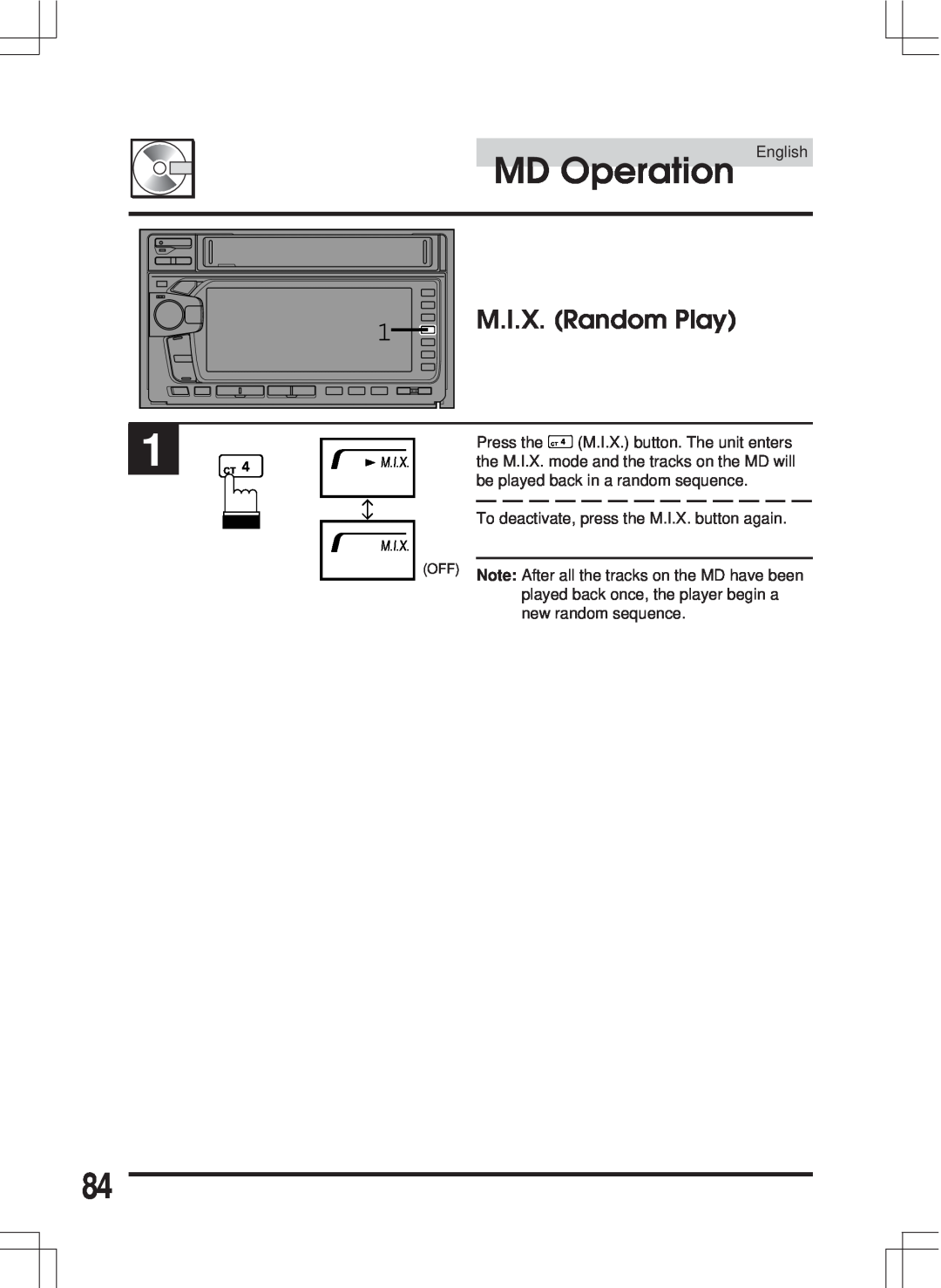 Alpine MDA-W890 owner manual MD Operation English, M.I.X. Random Play, Note After all the tracks on the MD have been 