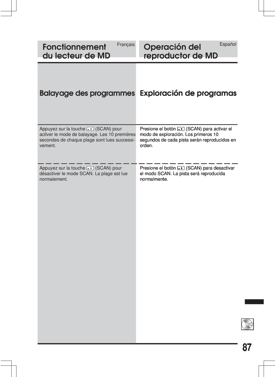 Alpine MDA-W890 Balayage des programmes Exploración de programas, Fonctionnement, Operación del, du lecteur de MD 