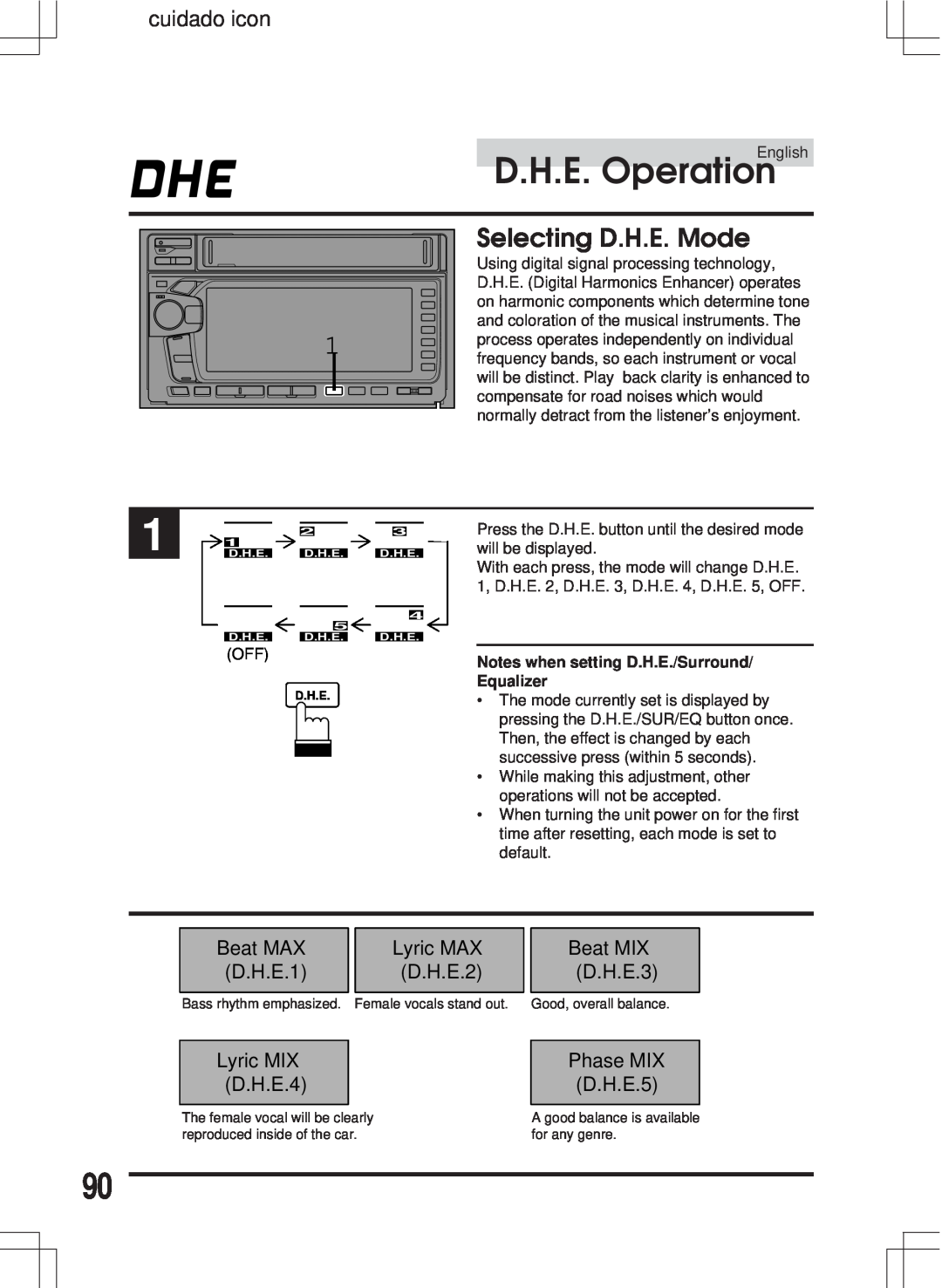 Alpine MDA-W890 MD.H.OperationE, Selecting D.H.E. Mode, cuidado icon, Beat MAX D.H.E.1, Lyric MIX D.H.E.4, Lyric MAX 