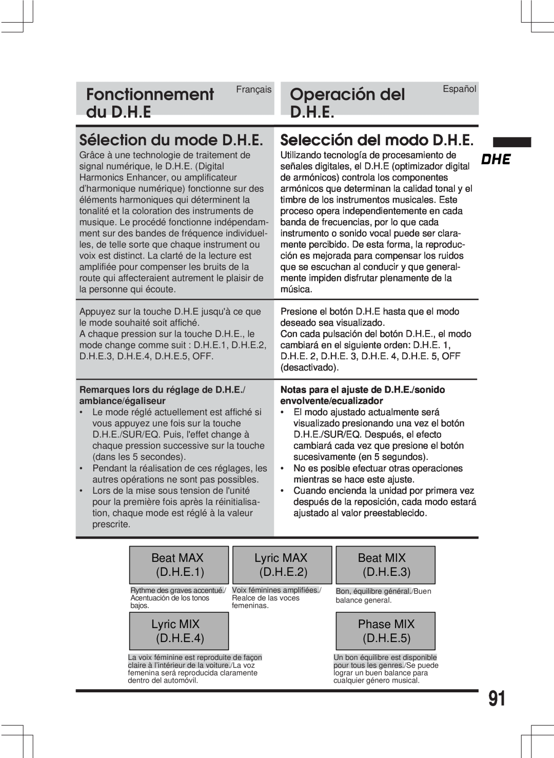 Alpine MDA-W890 Fonctionnement, Operación del, du lecteurD.H.E de MD, Sélection du mode D.H.E, Selección del modo D.H.E 