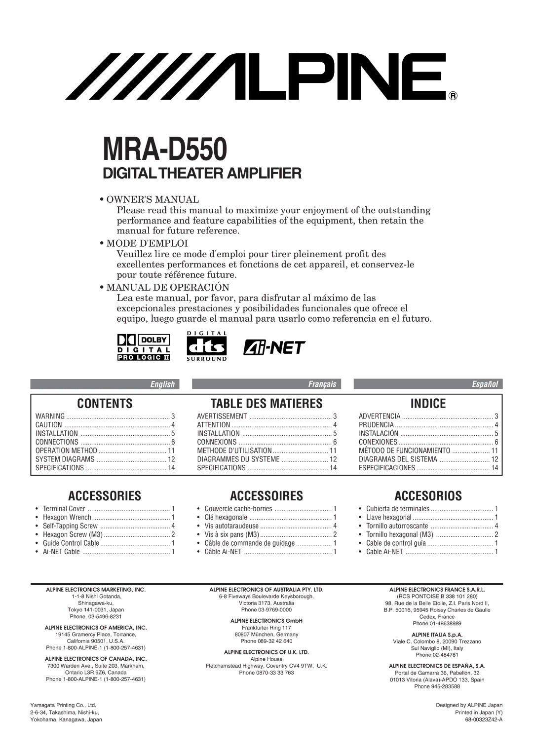 Alpine MRA-D550 owner manual Contents, Indice, Accessories, Accesorios 