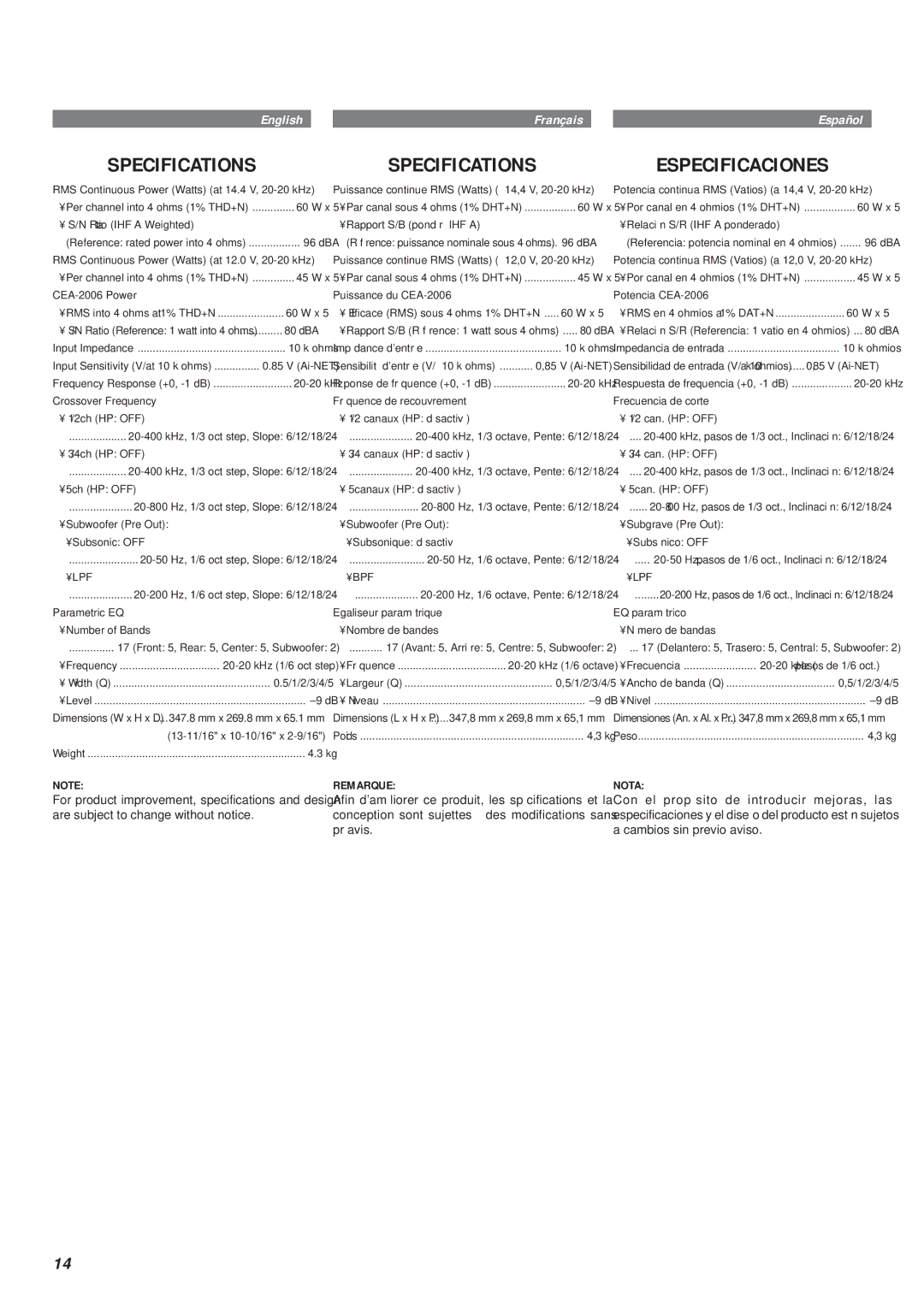 Alpine MRA-D550 owner manual Specifications, Especificaciones 