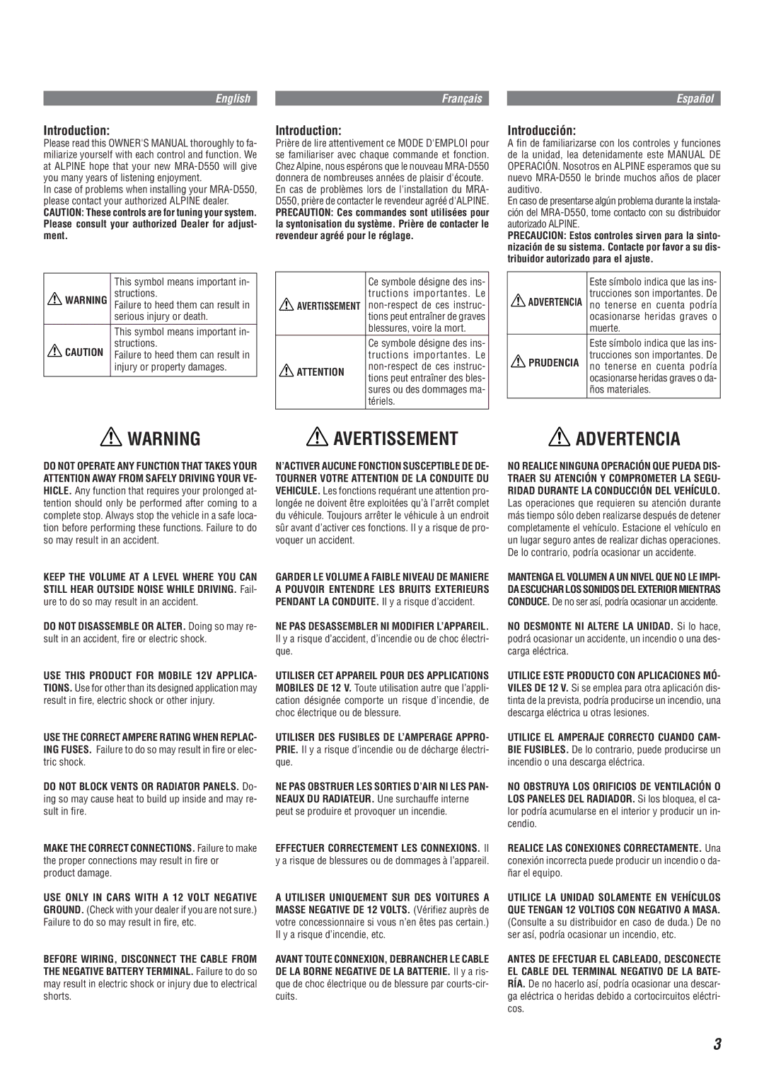 Alpine MRA-D550 owner manual Avertissement, Introduction, Introducción 