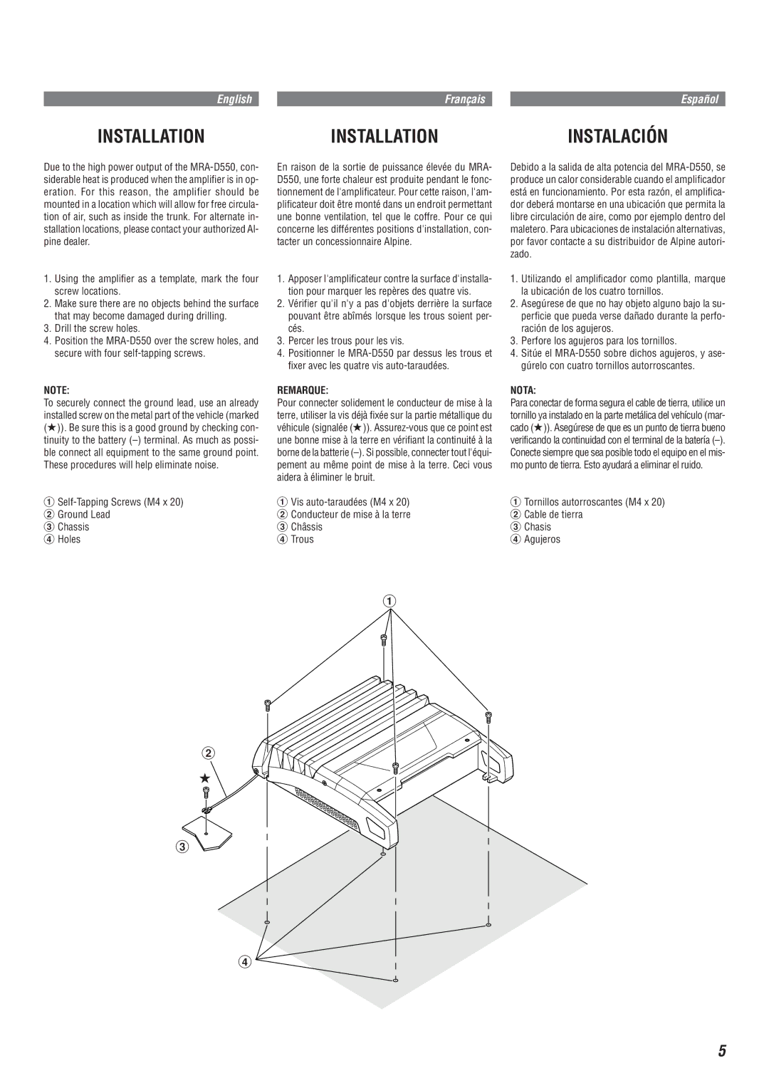 Alpine MRA-D550 owner manual Drill the screw holes, Self-Tapping Screws M4 x Ground Lead Chassis Holes 