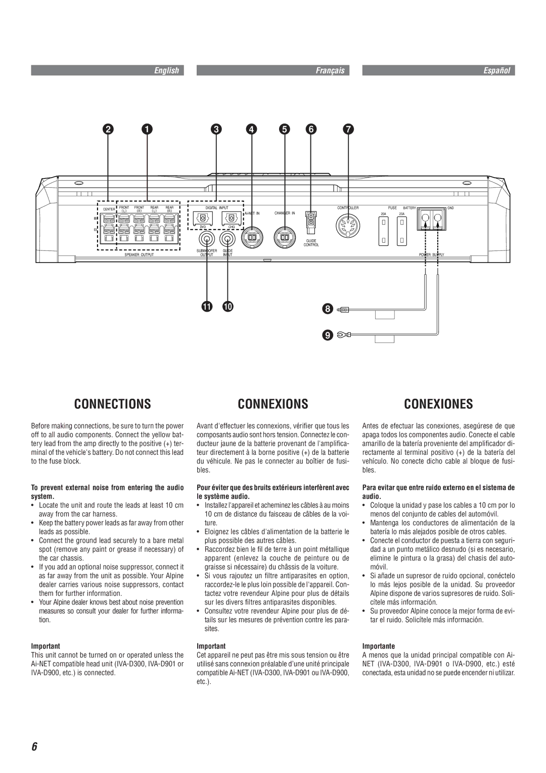 Alpine MRA-D550 owner manual Conexiones, To prevent external noise from entering the audio system, Importante 