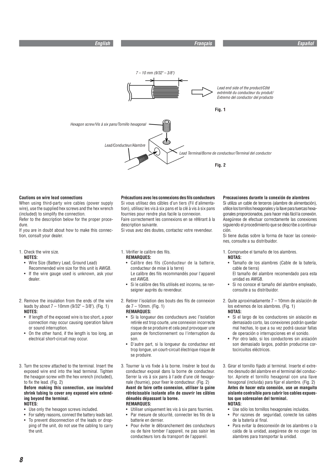 Alpine MRA-D550 owner manual ¥ If the wire gauge used is unknown, ask your dealer, ¥ Use only the hexagon screws included 