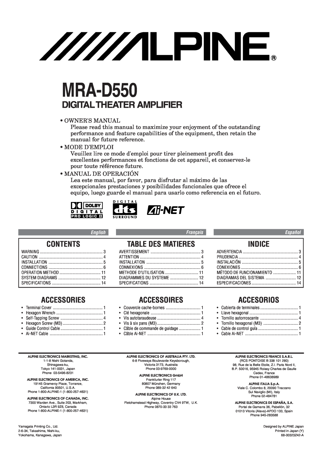 Alpine MRA-D550 owner manual Contents, Indice, Accessories, Accesorios, Table Des Matieres, Accessoires, Mode Demploi 