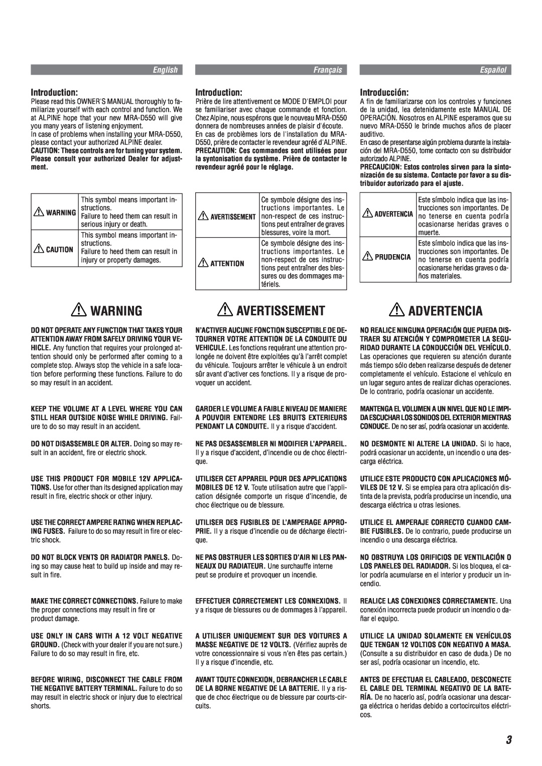 Alpine MRA-D550 owner manual Avertissement, Advertencia, Introduction, Introducción, English, Français, Español 