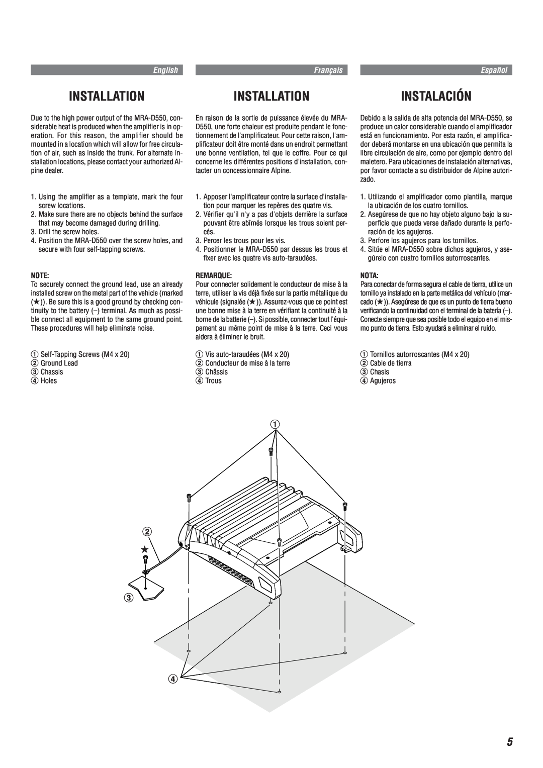 Alpine MRA-D550 owner manual Installation, Instalación, English, Français, Español 