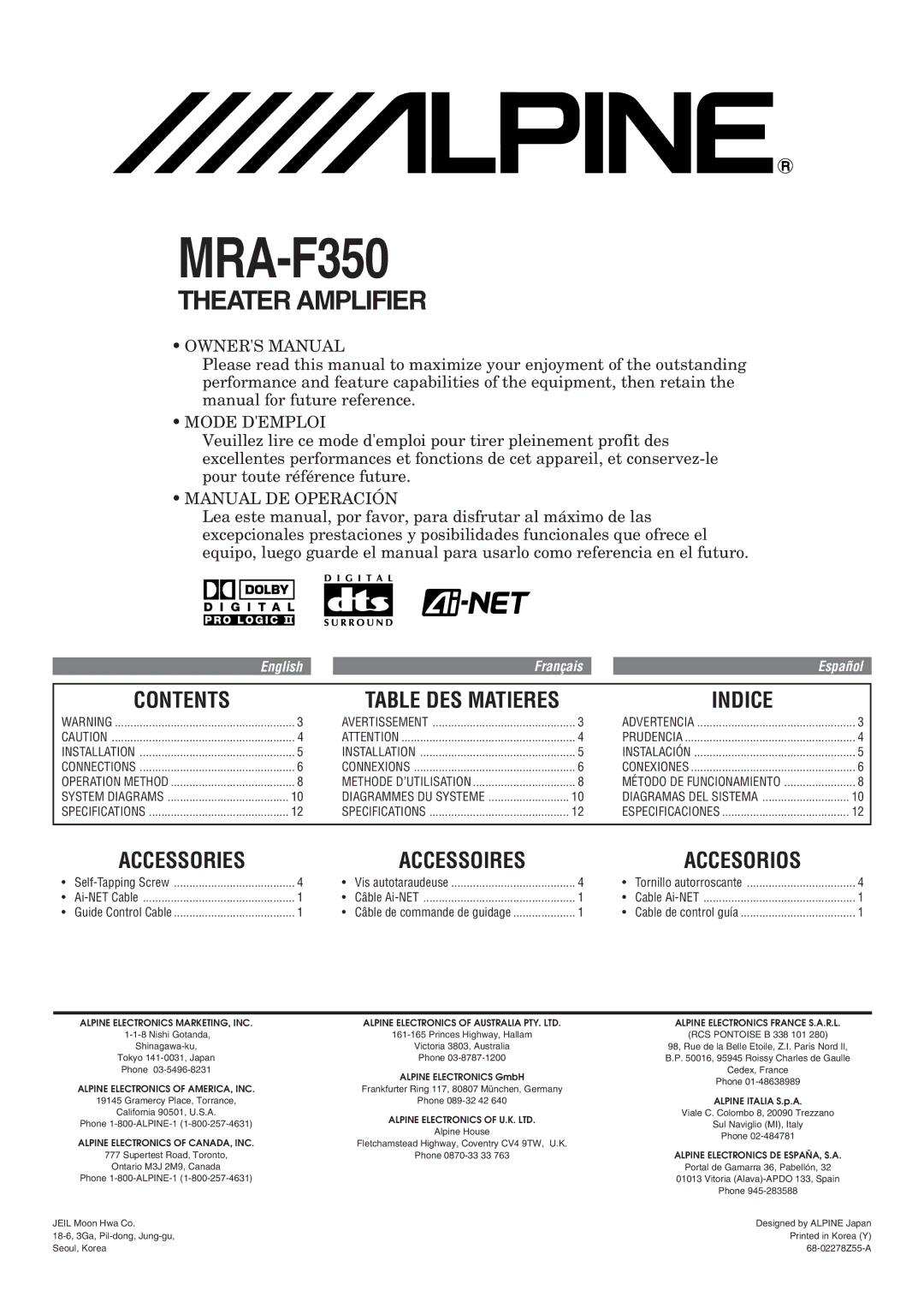 Alpine MRA-F350 owner manual Contents, Indice, Accessories Accessoires 