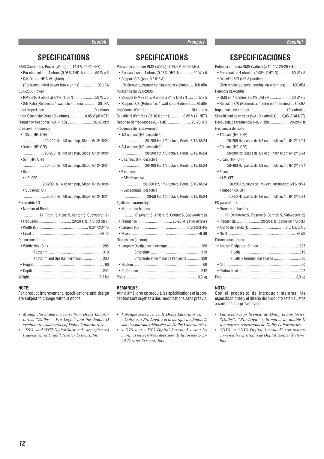 Alpine MRA-F350 owner manual Specifications, Especificaciones 