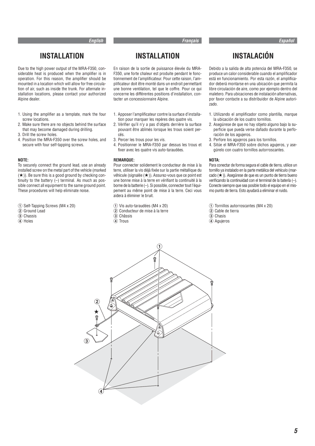 Alpine MRA-F350 owner manual Drill the screw holes, Self-Tapping Screws M4 x Ground Lead Chassis Holes 