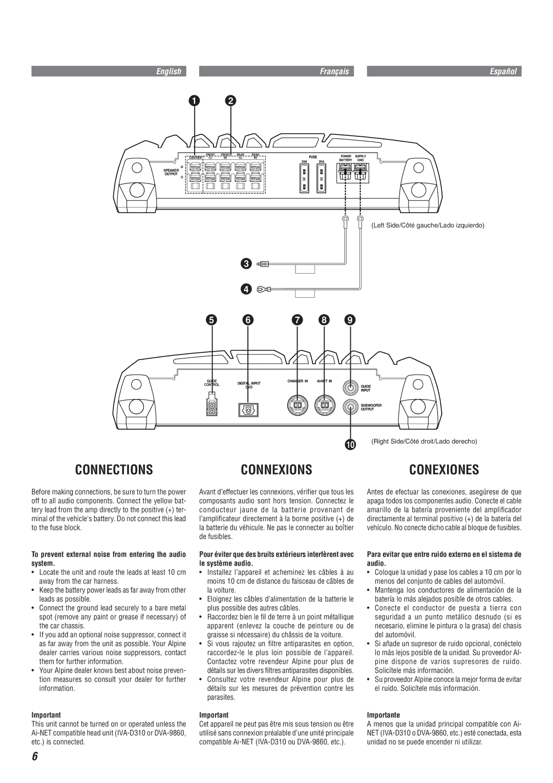 Alpine MRA-F350 owner manual Connections, To prevent external noise from entering the audio system, Importante 