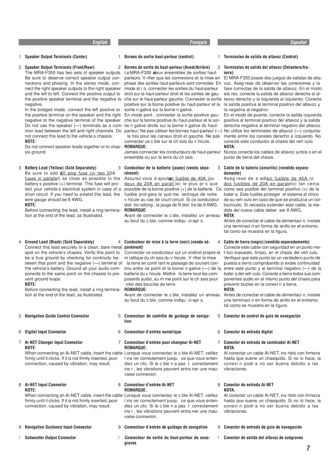 Alpine MRA-F350 Battery Lead Yellow Sold Separately, Ai-NET Input Connector Note, Bornes de sortie haut-parleur central 