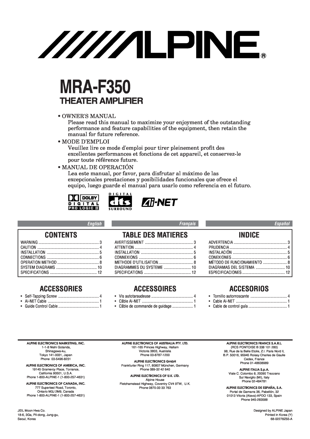 Alpine MRA-F350 owner manual Contents, Indice, Accessories, Accessoires, Table Des Matieres, Accesorios, Theater Amplifier 