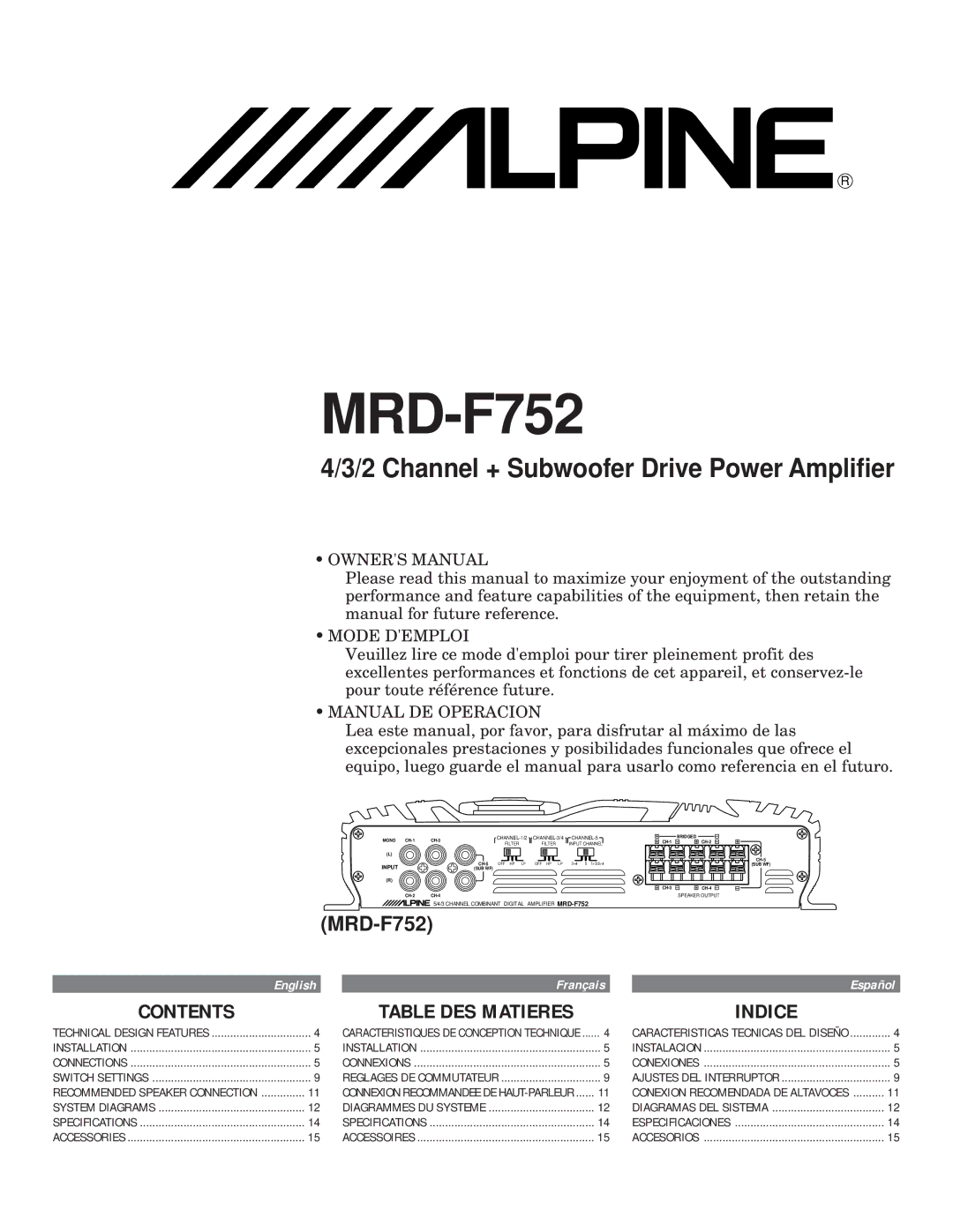 Alpine MRD-F752 owner manual Contents, Indice 