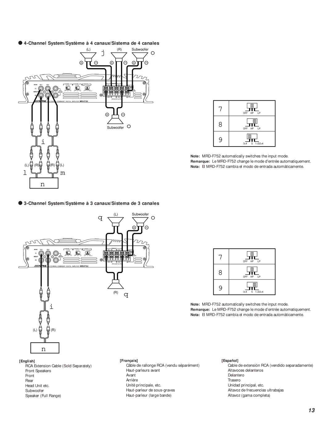 Alpine MRD-F752 owner manual Channel System/Système à 4 canaux/Sistema de 4 canales, English, Français Español 