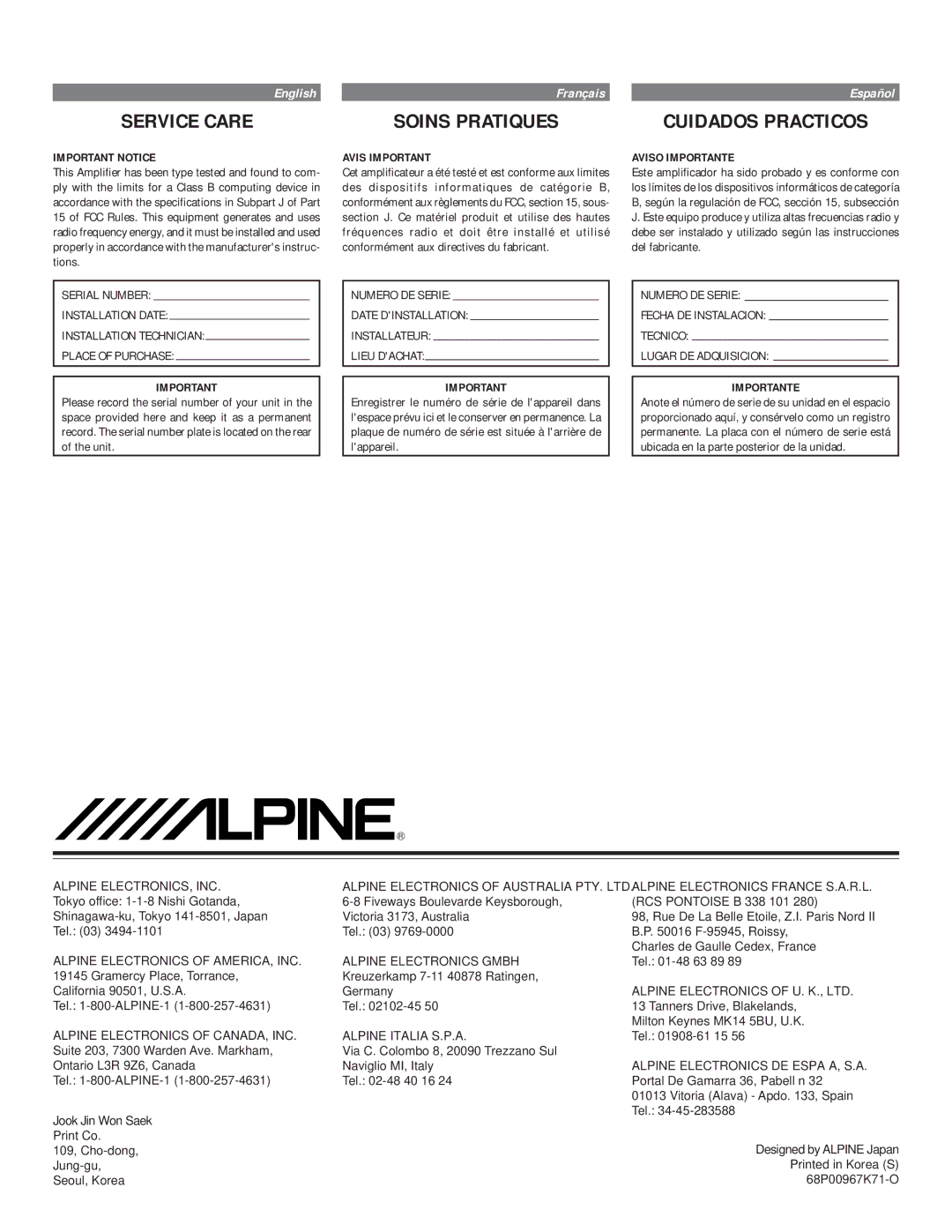 Alpine MRD-F752 owner manual Service Care, Soins Pratiques, Cuidados Practicos 