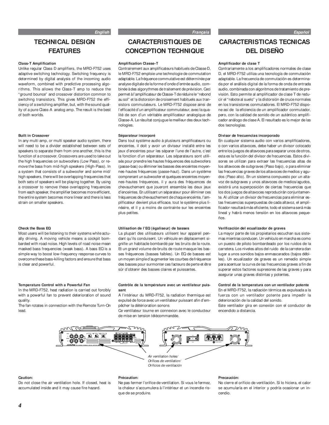 Alpine MRD-F752 owner manual Technical Design Features, DEL Diseño, Caracteristiques DE Conception Technique 