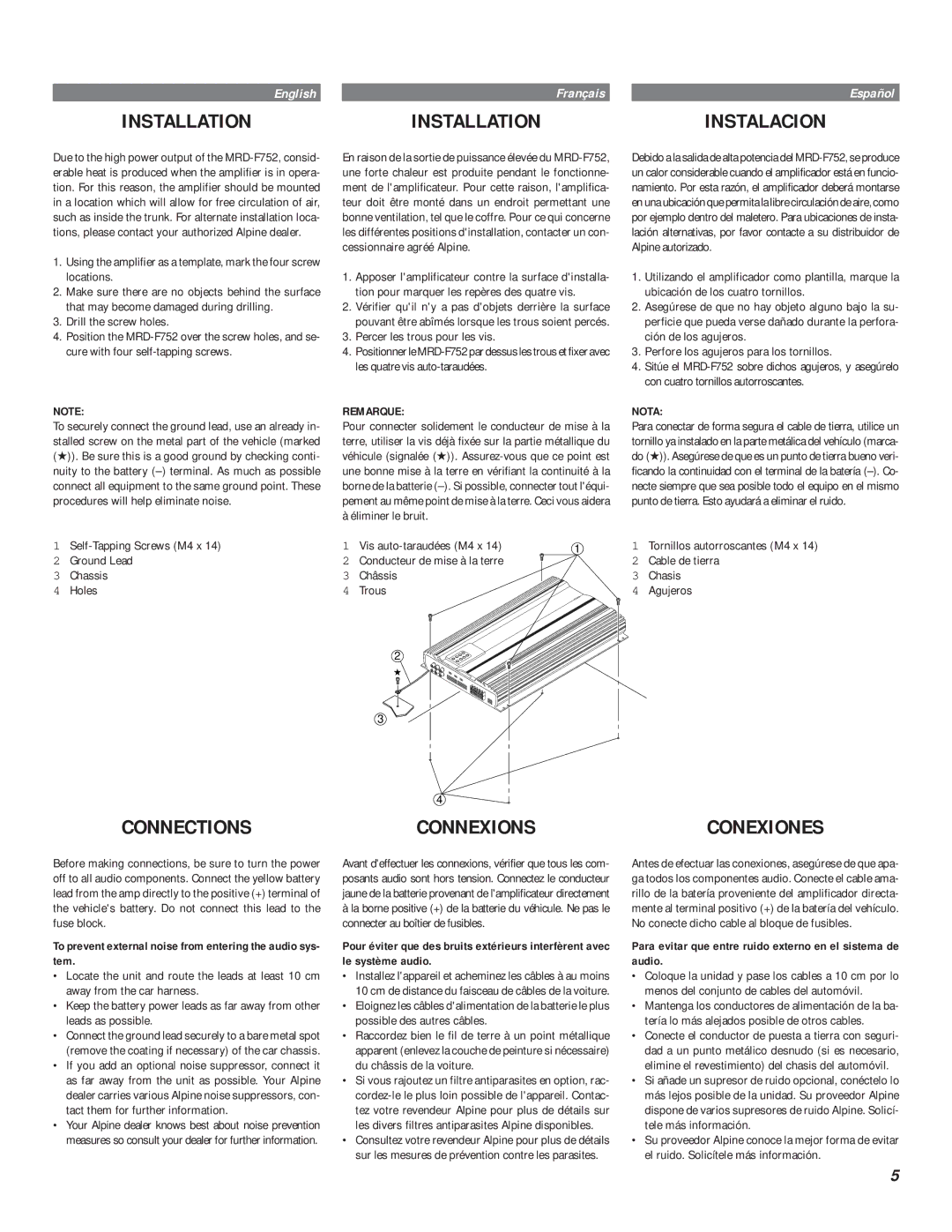 Alpine MRD-F752 Connections, Connexions, Conexiones, To prevent external noise from entering the audio sys- tem 