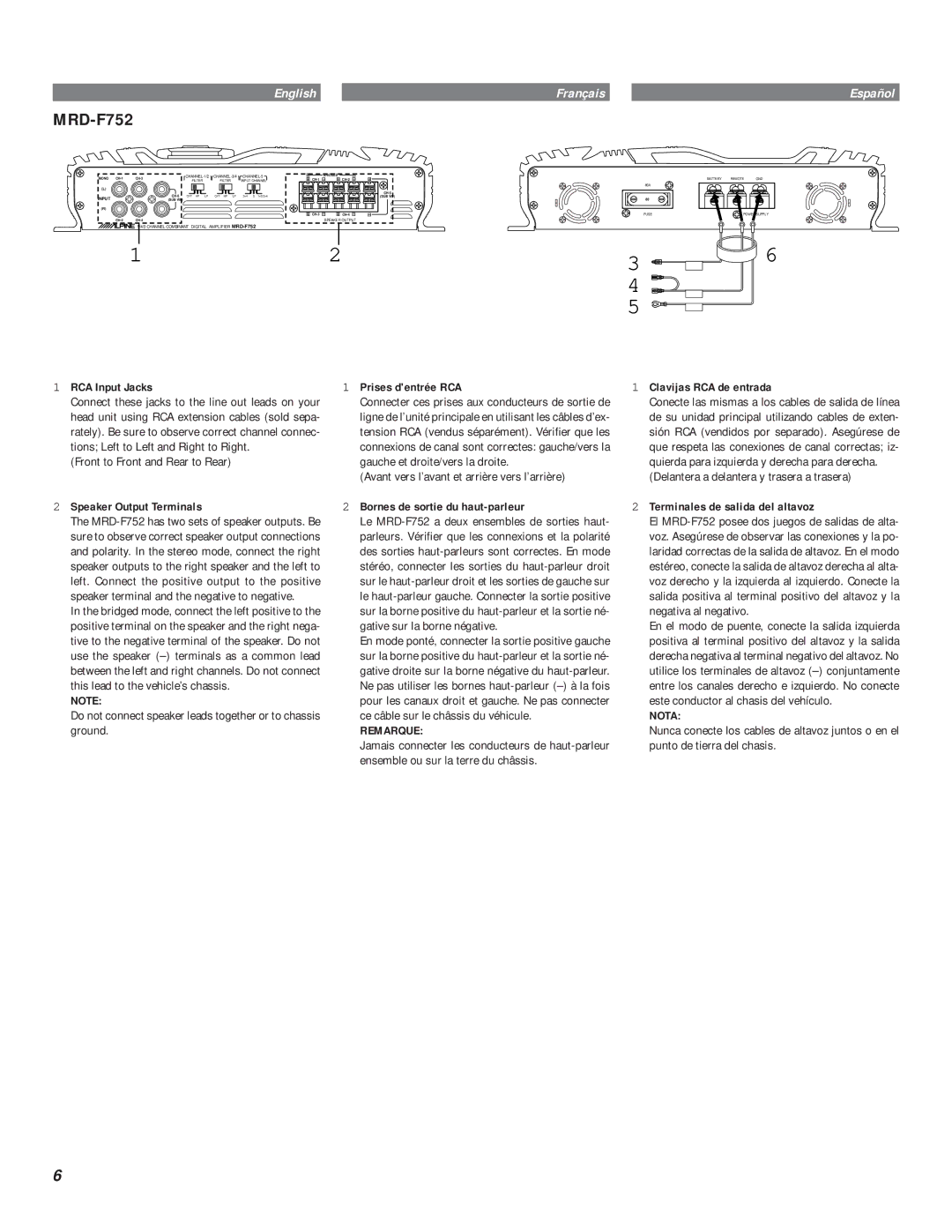 Alpine MRD-F752 owner manual RCA Input Jacks Prises dentrée RCA, Speaker Output Terminals Bornes de sortie du haut-parleur 