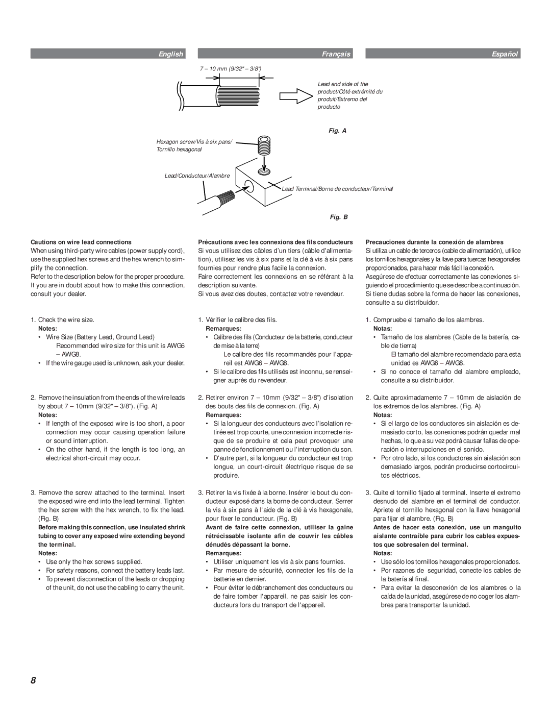 Alpine MRD-F752 owner manual Remarques, Precauciones durante la conexión de alambres, Notas 