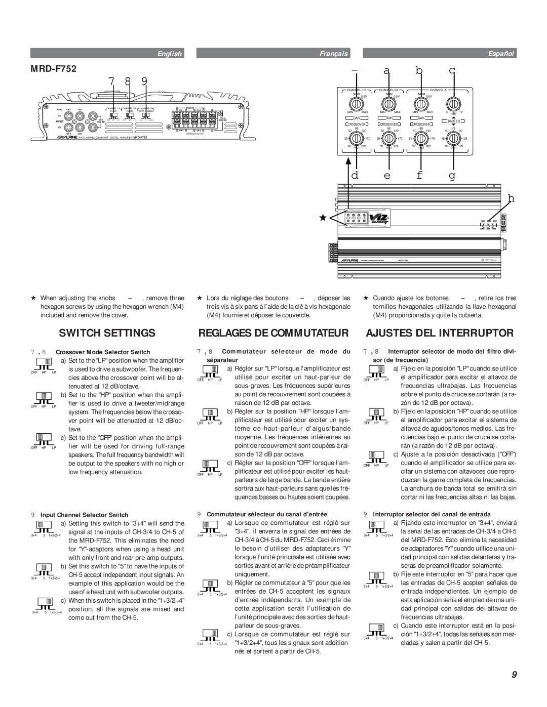 Alpine MRD-F752 owner manual Switch Settings, Reglages DE Commutateur 