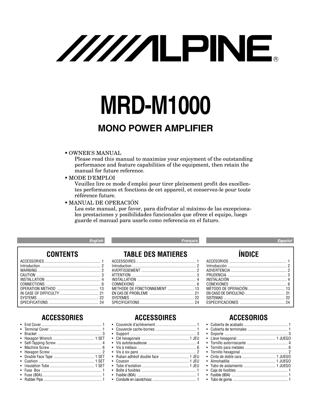 Alpine MRD-M1000 owner manual Contents, Índice, Accessories Accessoires 