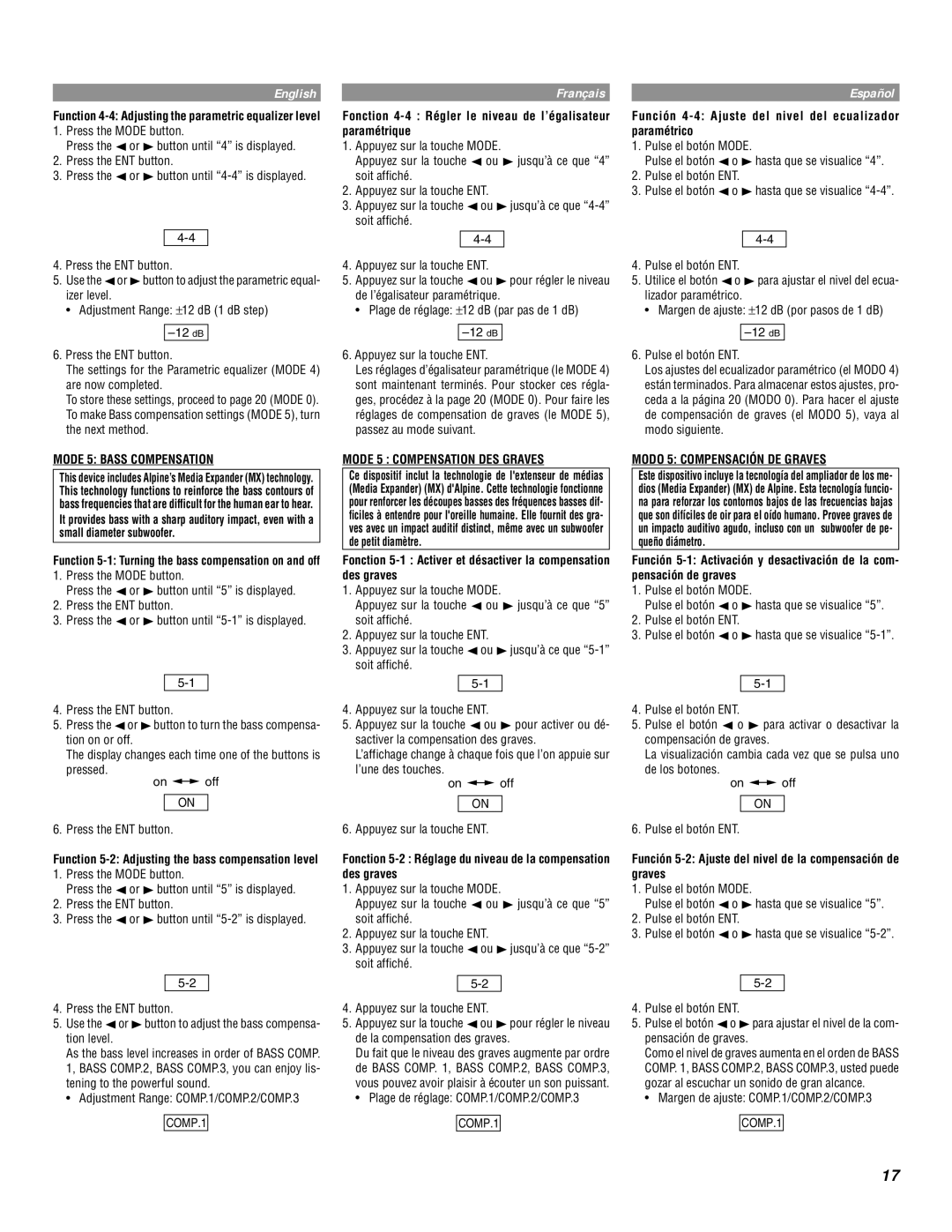 Alpine MRD-M1000 owner manual Mode 5 Bass Compensation, Mode 5 Compensation DES Graves, Modo 5 Compensación DE Graves 