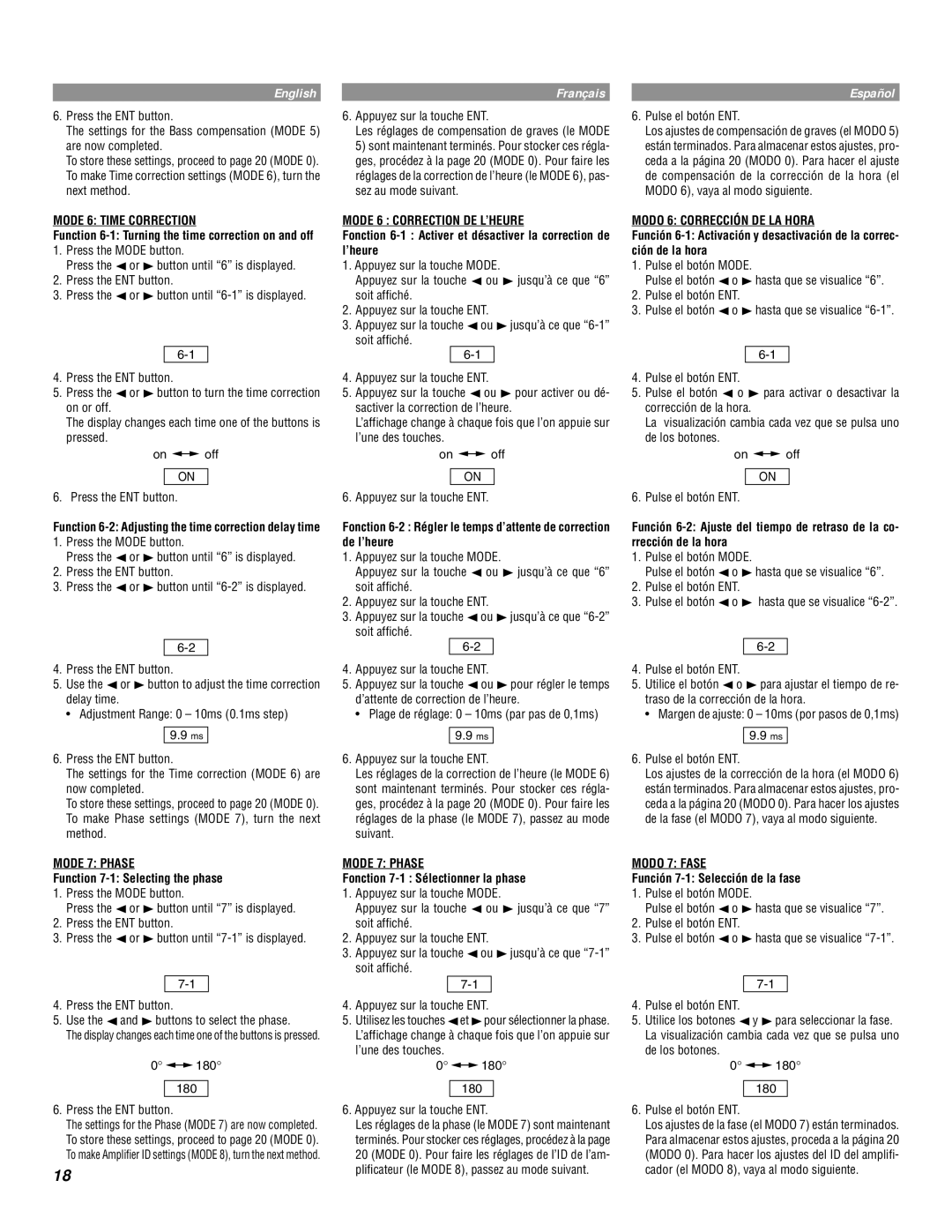 Alpine MRD-M1000 Mode 6 Time Correction, Mode 7 Phase, Mode 6 Correction DE L’HEURE, Modo 6 Corrección DE LA Hora 