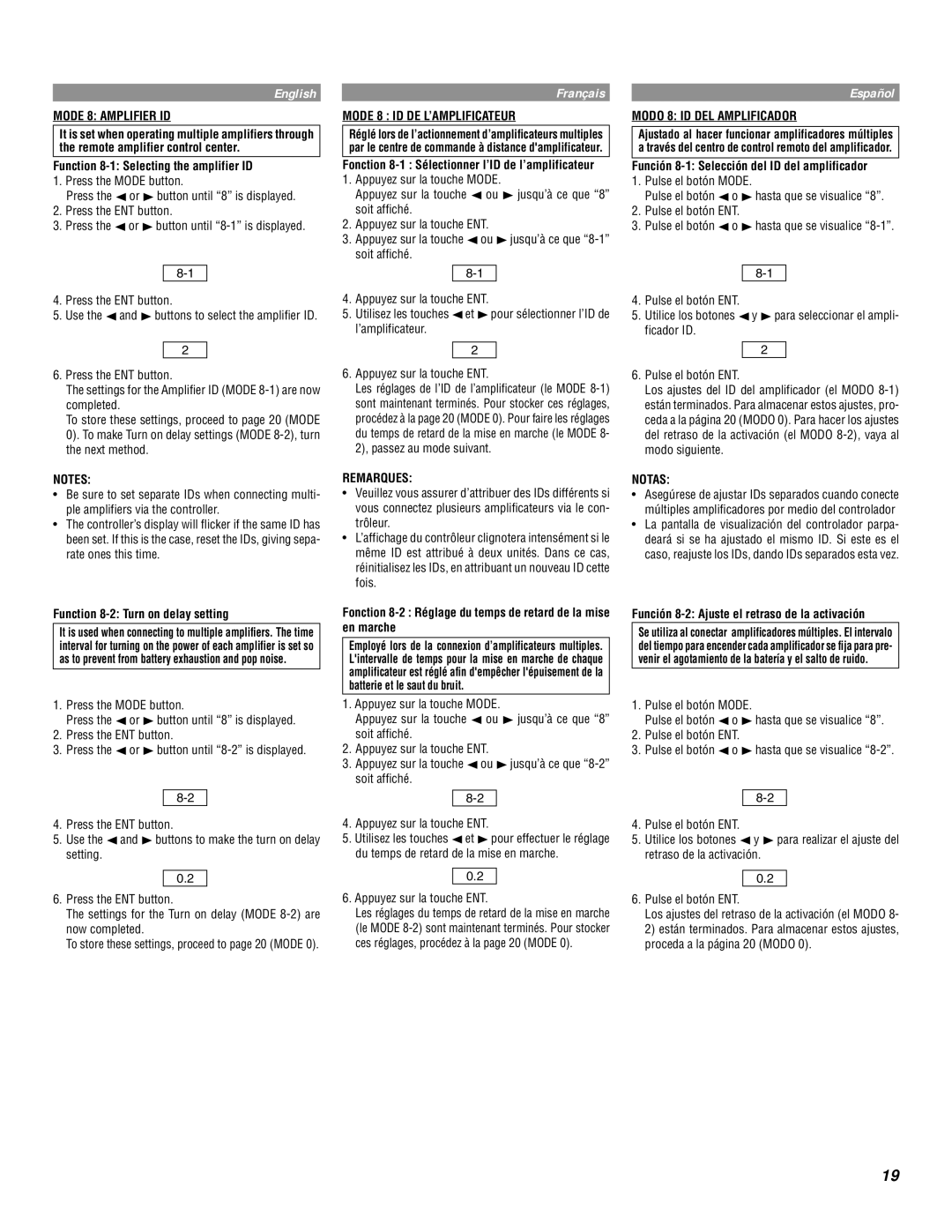 Alpine MRD-M1000 owner manual Mode 8 Amplifier ID, Mode 8 ID DE L’AMPLIFICATEUR, Modo 8 ID DEL Amplificador 