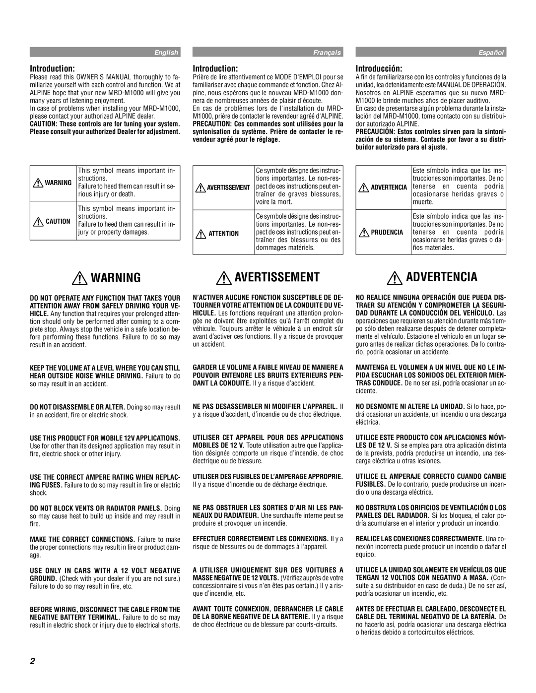 Alpine MRD-M1000 owner manual Avertissement 