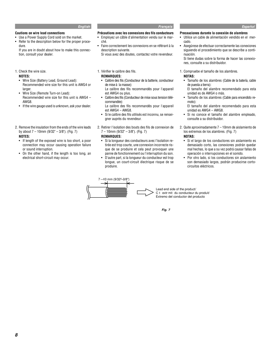 Alpine MRD-M1000 owner manual Vérifier le calibre des fils, Precauciones durante la conexión de alambres 