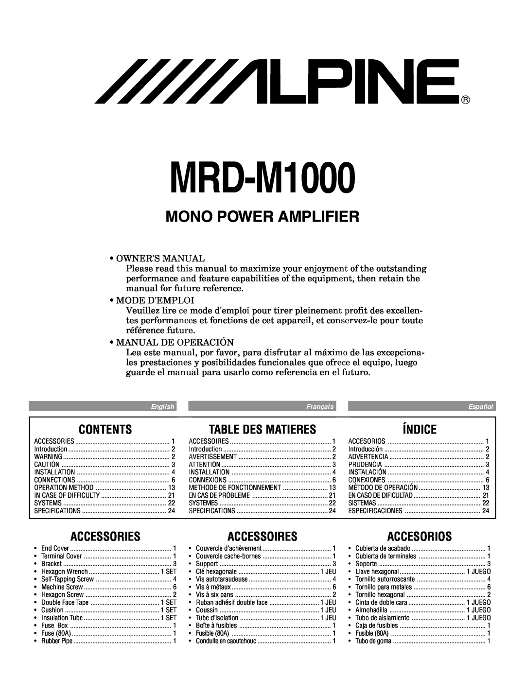 Alpine MRD-M1000 owner manual Contents, Índice, Accessories, Accessoires, Accesorios, Mono Power Amplifier 
