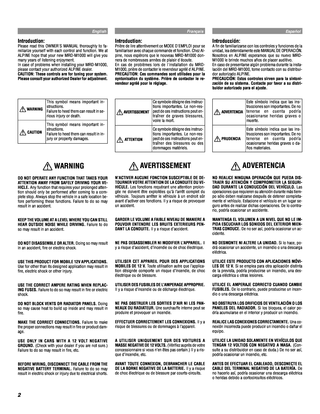 Alpine MRD-M1000 owner manual Avertissement, Advertencia, English, Français, Español 